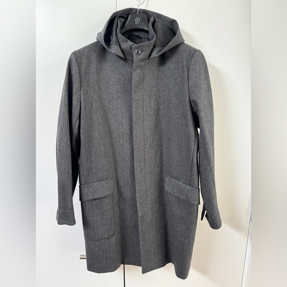 THEORY Wool Blend Herringbone Duffle Coat Jacket XL black gray Hooded 3/4